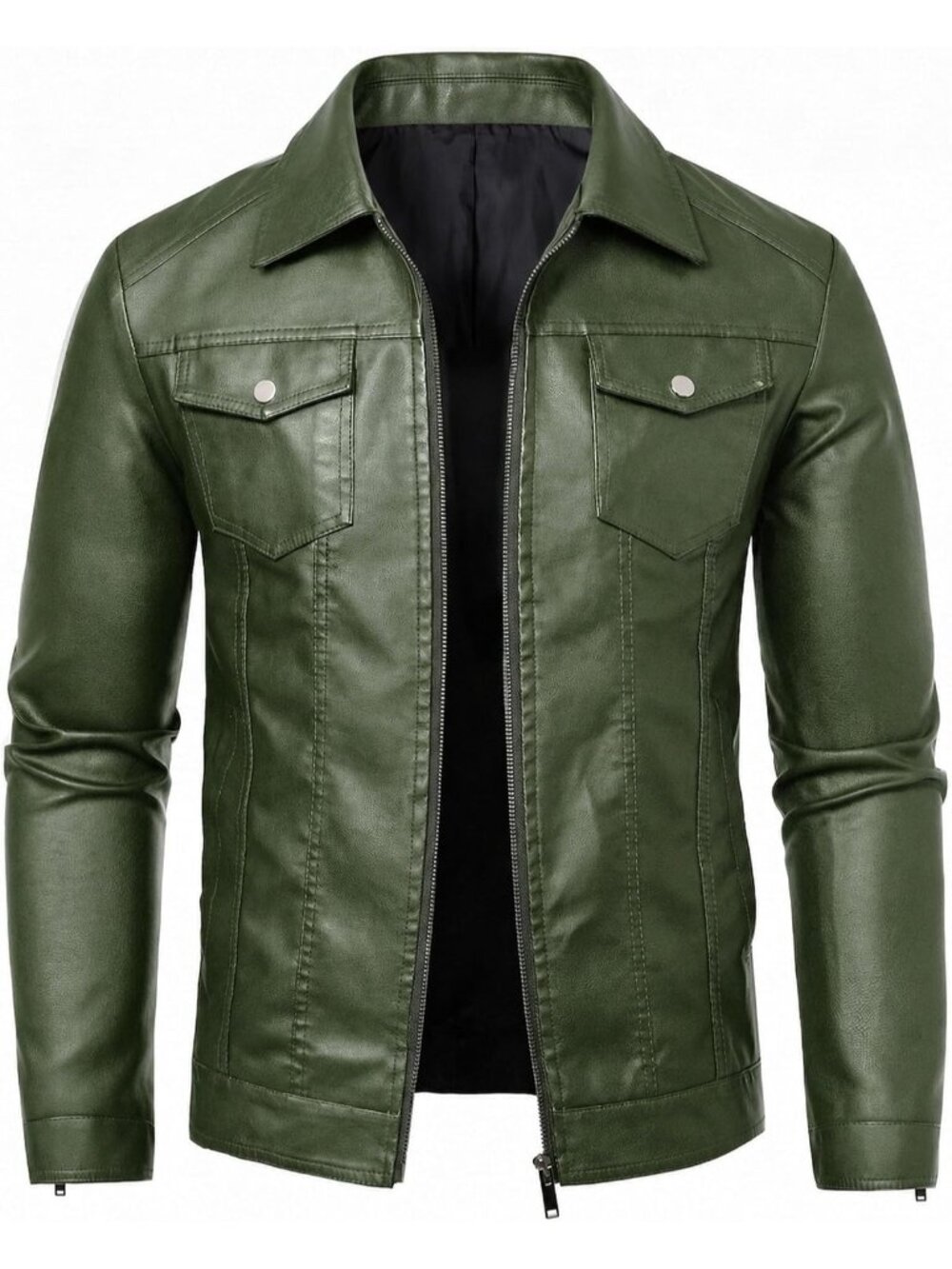 Men's Green Faux Leather Two Side Hand Pockets Motorcycle Biker Jacket